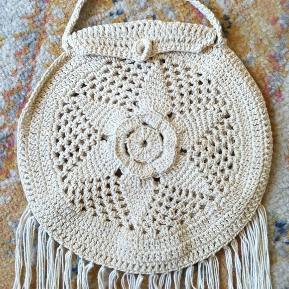 Handmade Bohemian Floral Woven Crochet Tassel Trim Circle Crossbody Bag Cream S - Picture 4 of 10